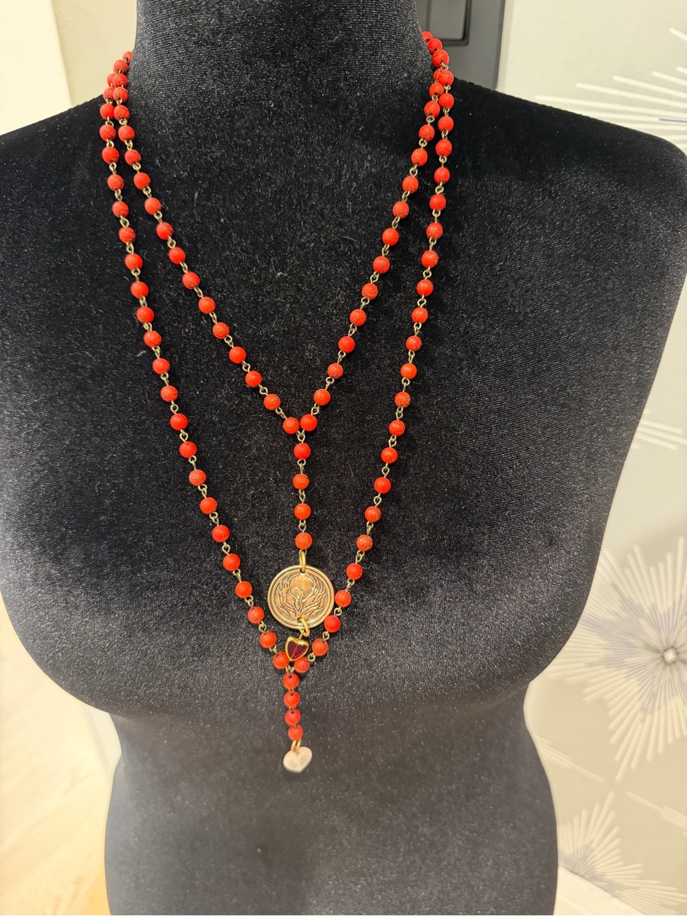 Katia Design Rosary style Red Beaded Lariat Necklace with Gold Medallion